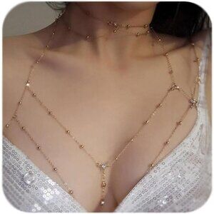 Sexy Gold Body Chain for Women Pearl Bra Necklace Waist Jewelry by QWALIT Trendy